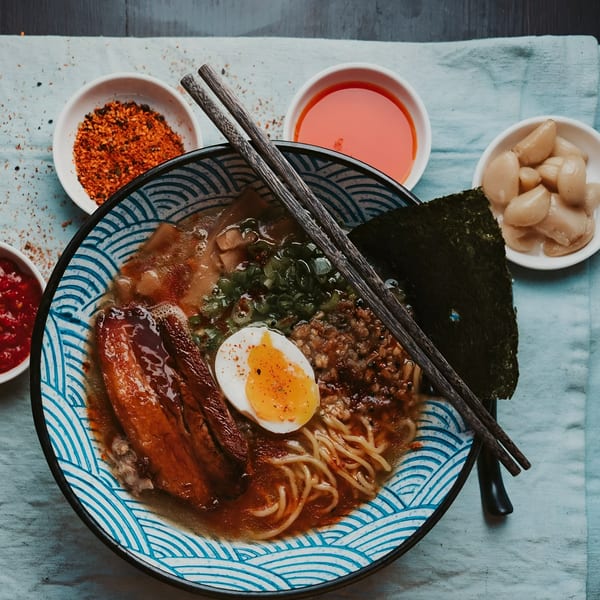 A bowl of ramen with pork belly, egg, noodles, and seaweed, surrounded by condiments.
